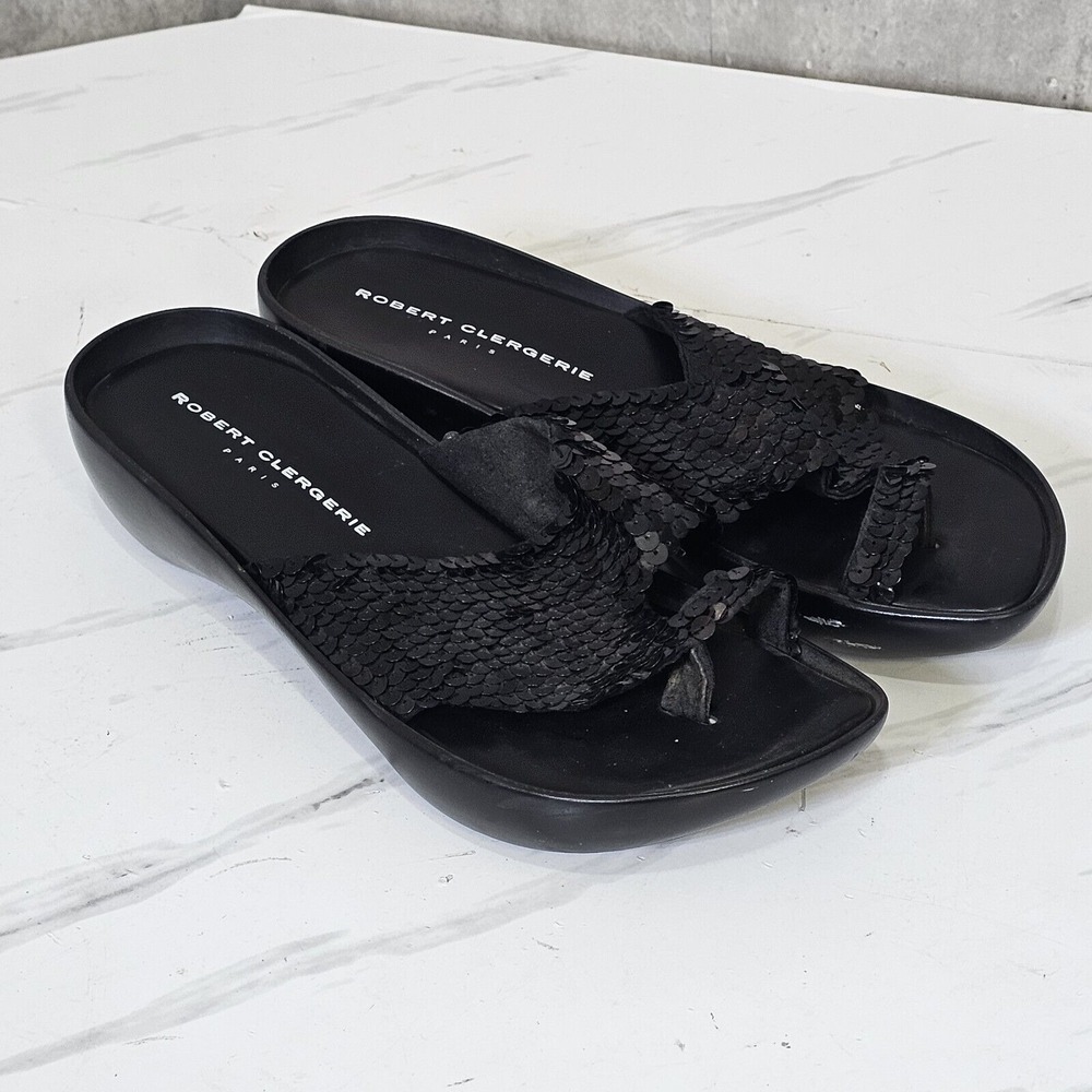 Robert Clergerie France Womens 8 Black‎ Sequins Toe Strap Sandals Flip Flops